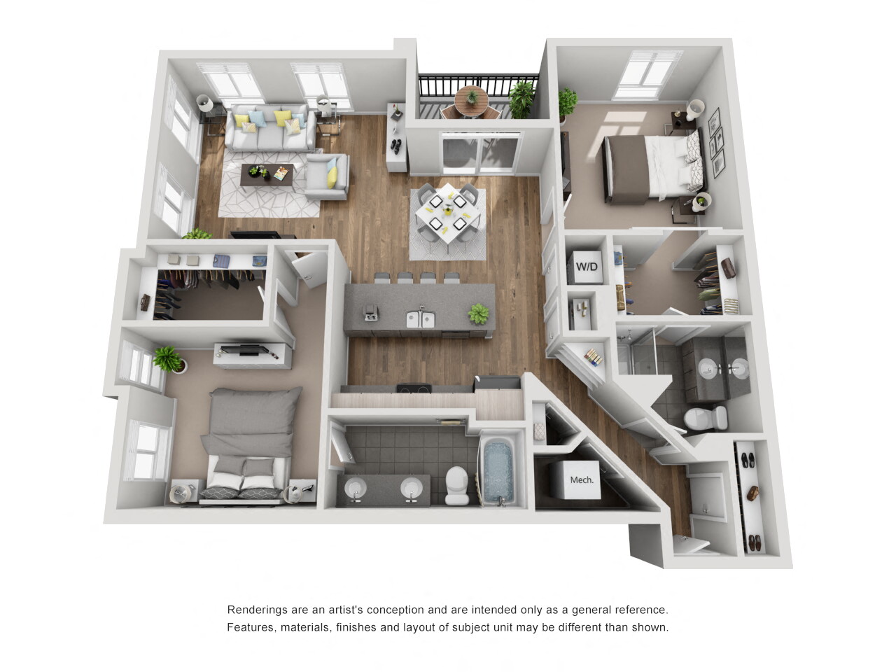 Floor plan for 2 beds, 2 baths, 1247 sqft